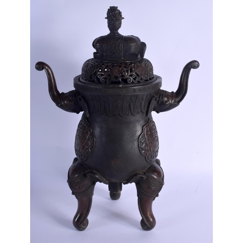 1634 - A VERY LARGE CHINESE TWIN HANDLED BRONZE CENSER AND COVER 20th Century, decorated with elephant capp... 