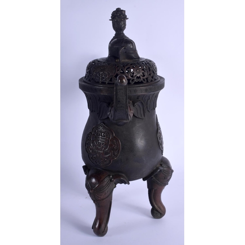 1634 - A VERY LARGE CHINESE TWIN HANDLED BRONZE CENSER AND COVER 20th Century, decorated with elephant capp... 