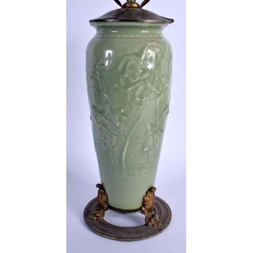 1637 - A 19TH CENTURY CHINESE CELADON PORCELAIN VASE Late Qing, converted to a lamp. Porcelain 26 cm high.