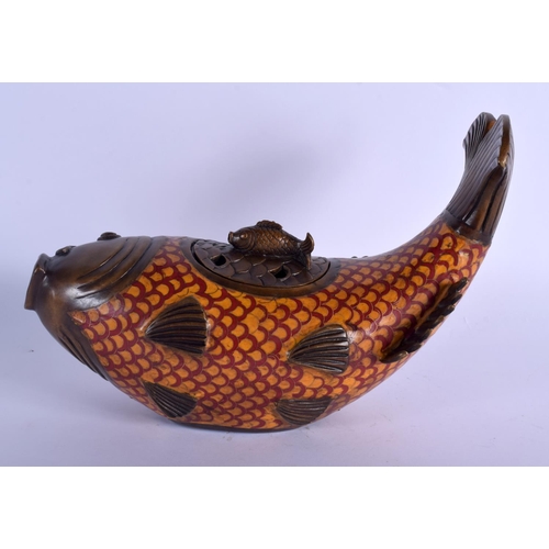 1652 - A LARGE CHINESE CLOISONNE ENAMEL BRONZE CENSER AND COVER 20th Century, in the form of a fish. 27 cm ... 