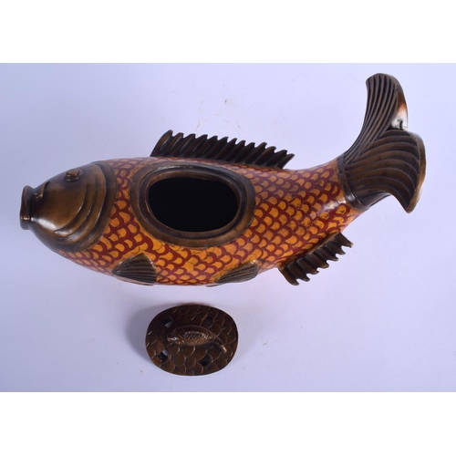 1652 - A LARGE CHINESE CLOISONNE ENAMEL BRONZE CENSER AND COVER 20th Century, in the form of a fish. 27 cm ... 