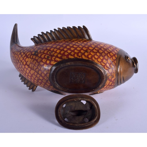 1652 - A LARGE CHINESE CLOISONNE ENAMEL BRONZE CENSER AND COVER 20th Century, in the form of a fish. 27 cm ... 