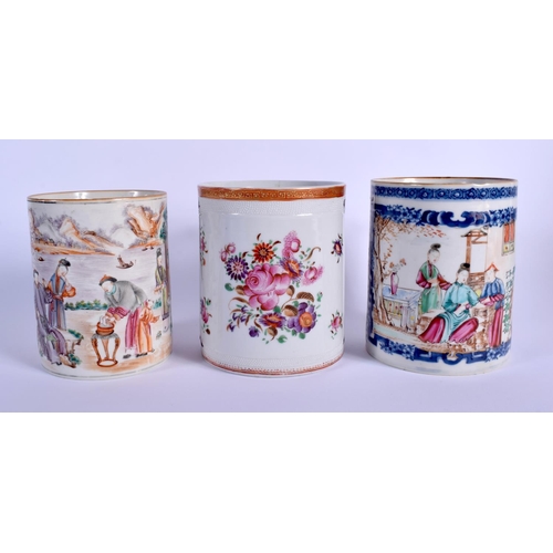 1665 - THREE 18TH CENTURY CHINESE EXPORT PORCELAIN MUGS Qianlong, in various forms. Largest 13 cm x 9 cm. (... 