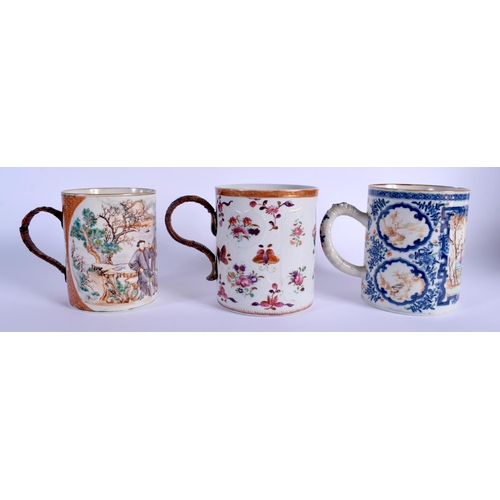 1665 - THREE 18TH CENTURY CHINESE EXPORT PORCELAIN MUGS Qianlong, in various forms. Largest 13 cm x 9 cm. (... 