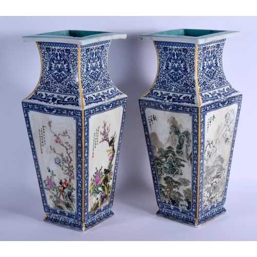 1669 - A LARGE PAIR OF CHINESE PORCELAIN SQUARE FORM VASES 20th Century, decorated with birds. 44 cm x 14 c... 