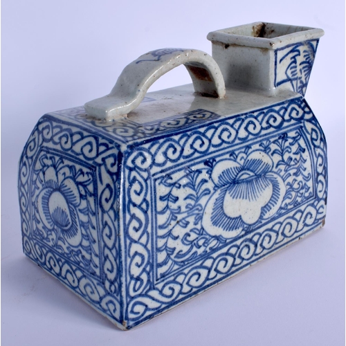 1684 - A 19TH CENTURY INDO TIBETAN BLUE AND WHITE POTTERY KENDI painted with flowers. 22 cm x 16 cm.