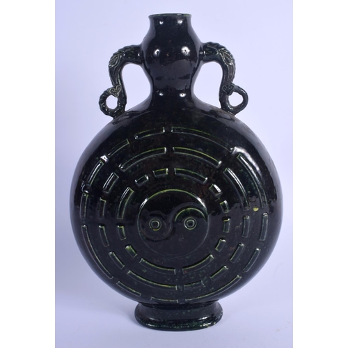 1688 - A RARE 19TH CENTURY CHINESE OLIVE GREEN TWIN HANDLED PILGRIM FLASK Qing, decorated with buddhistic t... 