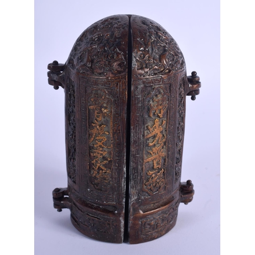 1695 - A CHINESE BRONZE BUDDHISTIC FOLDING SHRINE. 14 cm x 18 cm extended.