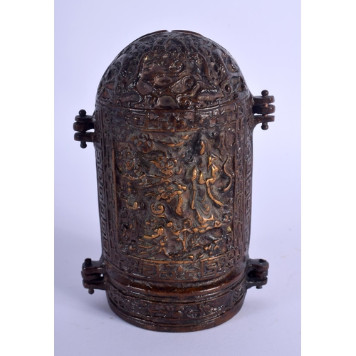 1695 - A CHINESE BRONZE BUDDHISTIC FOLDING SHRINE. 14 cm x 18 cm extended.