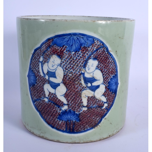 1744 - A LARGE CHINESE CELADON BLUE AND WHITE PORCELAIN BRUSH POT Bitong, 20th Century, painted with the he... 