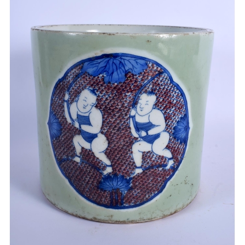 1744 - A LARGE CHINESE CELADON BLUE AND WHITE PORCELAIN BRUSH POT Bitong, 20th Century, painted with the he... 