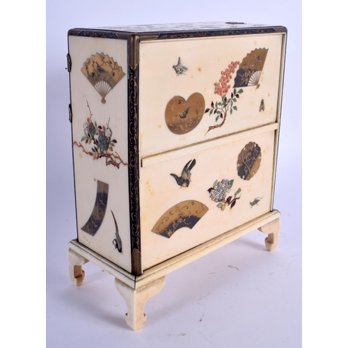 1748 - A 19TH CENTURY JAPANESE MEIJI PERIOD SHIBAYAMA IVORY AND LACQUER CABINET decorated with birds in var... 