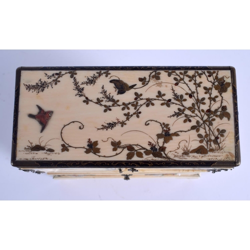 1748 - A 19TH CENTURY JAPANESE MEIJI PERIOD SHIBAYAMA IVORY AND LACQUER CABINET decorated with birds in var... 