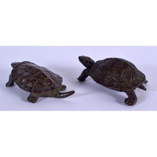 1750 - TWO JAPANESE BRONZE TURTLES. 4.25 cm wide. (2)