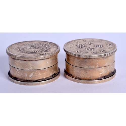 1773 - TWO CHINESE WHITE METAL COIN BOXES. (2)