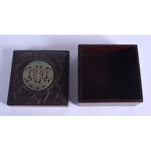 1800 - A 19TH CENTURY CHINESE HONGMU AND JADE BOX AND COVER Qing. 11 cm square.