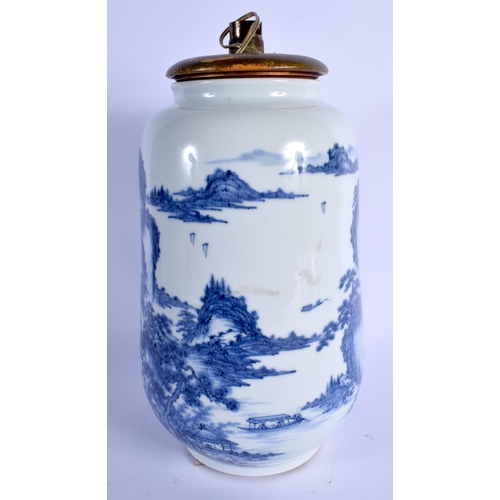 1808 - A LARGE 19TH CENTURY JAPANESE MEIJI PERIOD BLUE AND WHITE VASE converted to a lamp, painted with mou... 