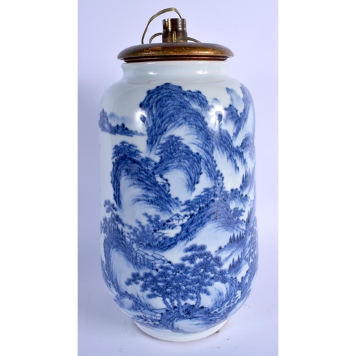 1808 - A LARGE 19TH CENTURY JAPANESE MEIJI PERIOD BLUE AND WHITE VASE converted to a lamp, painted with mou... 