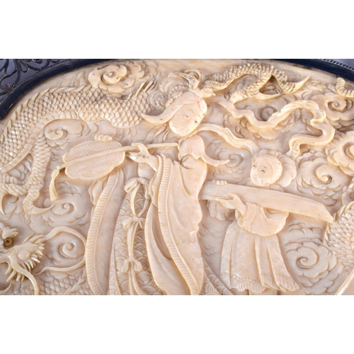 1813 - A  LOVELY 19TH CENTURY JAPANESE MEIJI PERIOD CARVED IVORY AND SILVER DISH decorated with a figure an... 