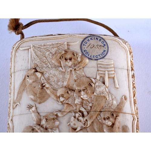 1817 - A FINE 19TH CENTURY JAPANESE MEIJI PERIOD CARVED IVORY INRO decorated with monkeys in various pursui... 