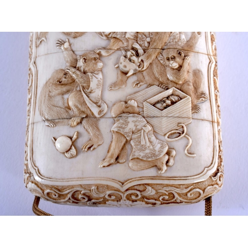 1817 - A FINE 19TH CENTURY JAPANESE MEIJI PERIOD CARVED IVORY INRO decorated with monkeys in various pursui... 