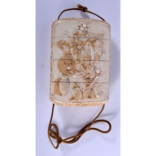 1817 - A FINE 19TH CENTURY JAPANESE MEIJI PERIOD CARVED IVORY INRO decorated with monkeys in various pursui... 