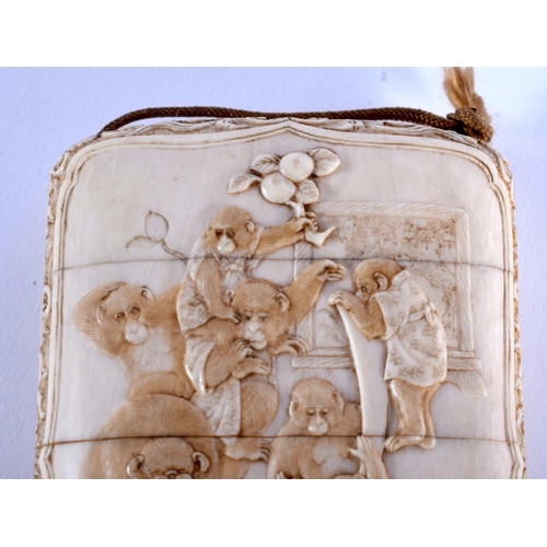 1817 - A FINE 19TH CENTURY JAPANESE MEIJI PERIOD CARVED IVORY INRO decorated with monkeys in various pursui... 