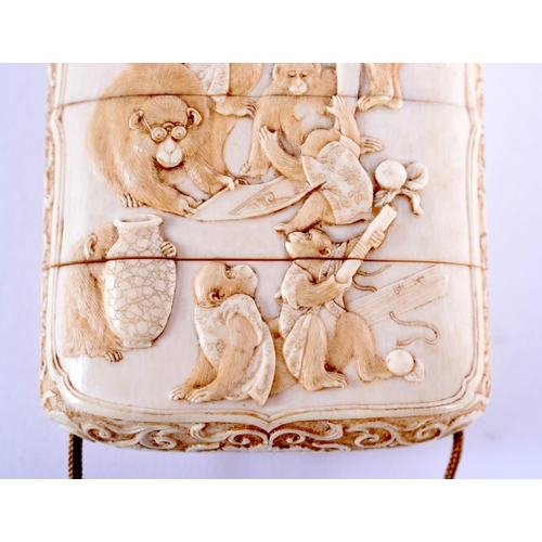 1817 - A FINE 19TH CENTURY JAPANESE MEIJI PERIOD CARVED IVORY INRO decorated with monkeys in various pursui... 