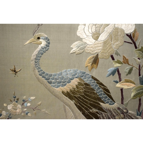 1847 - A LATE 19TH CENTURY JAPANESE MEIJI PERIOD SILKWORK PANEL depicting birds within an Aesthetic movemen... 