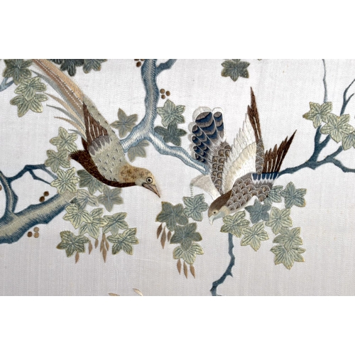 1853 - A LARGE 19TH CENTURY CHINESE FRAMED SILKWORK EMBROIDERED SCREEN Qing, decorated with birds in variou... 