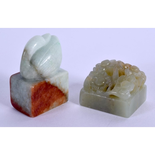 1872 - AN EARLY 20TH CENTURY CHINESE CARVED GREEN JADEITE SEAL Late Qing, together with another. Largest 3.... 