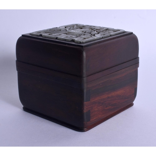 1878 - AN EARLY 20TH CENTURY CHINESE CARVED HARDWOOD AND JADE BOX AND COVER Late Qing/Republic. 7.5 cm squa... 