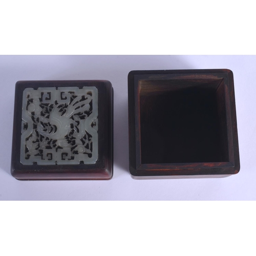 1878 - AN EARLY 20TH CENTURY CHINESE CARVED HARDWOOD AND JADE BOX AND COVER Late Qing/Republic. 7.5 cm squa... 