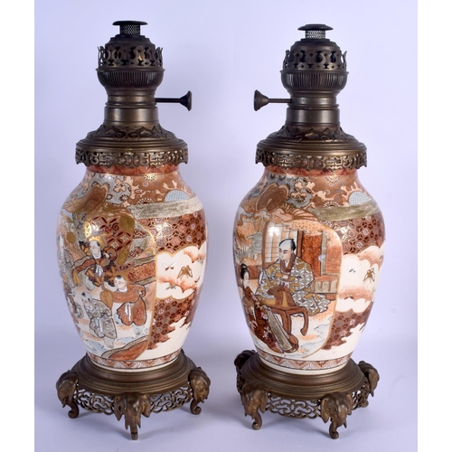 1881 - A LARGE PAIR OF 19TH CENTURY JAPANESE MEIJI PERIOD SATSUMA VASES converted to oil lamps. 43 cm overa... 