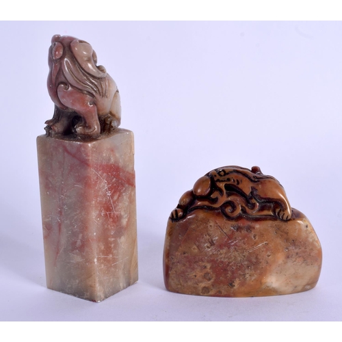 1892 - TWO CHINESE CARVED SOAPSTONE SEALS 20th Century. Largest 9 cm high. (2)