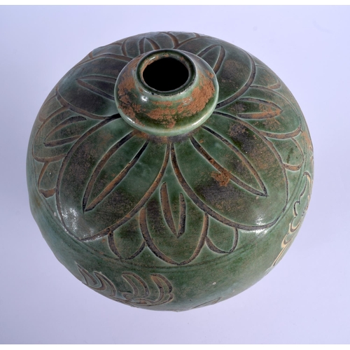 1908 - A CHINESE POTTERY CELADON INCISED VASE 20th Century. 35 cm high.