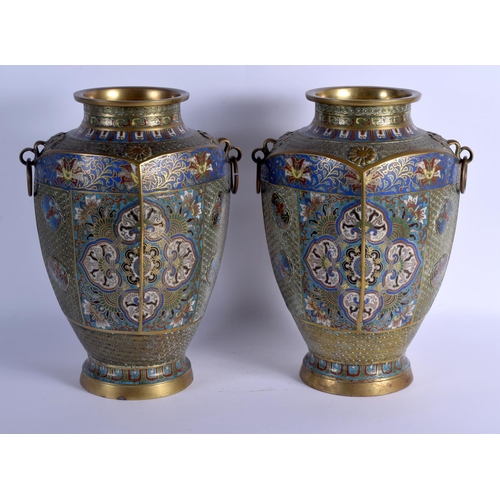 1919 - A LARGE PAIR OF 19TH CENTURY CHINESE BRONZE AND CHAMPLEVE ENAMEL BRONZE VASES decorated with motifs ... 