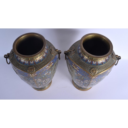 1919 - A LARGE PAIR OF 19TH CENTURY CHINESE BRONZE AND CHAMPLEVE ENAMEL BRONZE VASES decorated with motifs ... 