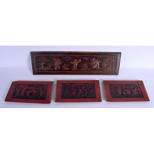 1955 - THREE 19TH CENTURY CHINESE CARVED HARDWOOD PANELS Qing, together with another. Largest 55 cm x 14 cm... 