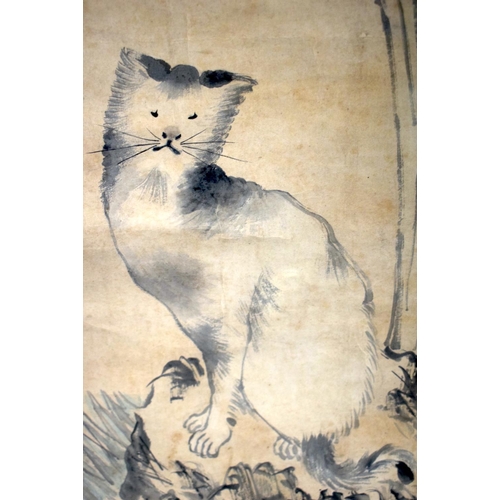 1956 - Japanese School (19th Century) Watercolour, cat under foliage. Image 120 cm x 34 cm.