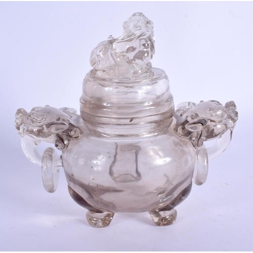 2004 - A 19TH CENTURY CHINESE TWIN HANDLED ROCK CRYSTAL CENSER AND COVER Qing. 14 cm x 14 cm.