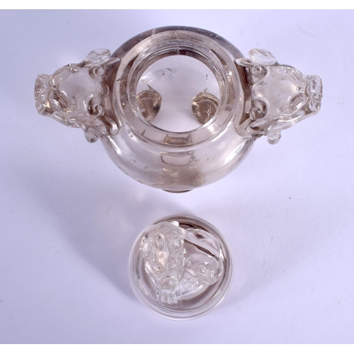 2004 - A 19TH CENTURY CHINESE TWIN HANDLED ROCK CRYSTAL CENSER AND COVER Qing. 14 cm x 14 cm.