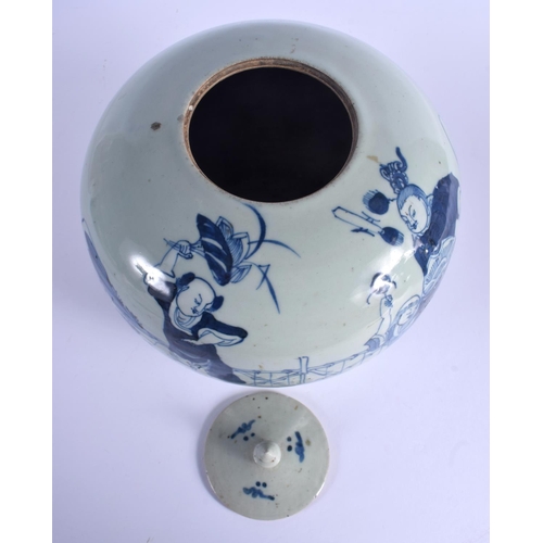 2010 - A 19TH CENTURY CHINESE BLUE AND WHITE PORCELAIN GINGER JAR AND COVER Qing, painted with figures in v... 