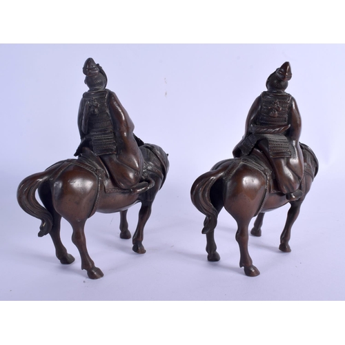 2027 - A PAIR OF 19TH CENTURY JAPANESE MEIJI PERIOD BRONZE CENSERS AND COVERS formed as figures upon horses... 