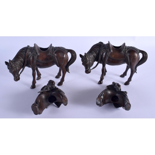 2027 - A PAIR OF 19TH CENTURY JAPANESE MEIJI PERIOD BRONZE CENSERS AND COVERS formed as figures upon horses... 