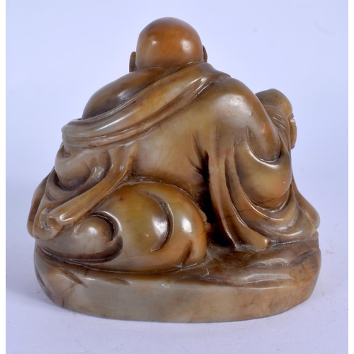 2040 - AN EARLY 20TH CENTURY CHINESE CARVED SOAPSTONE FIGURE OF A BUDDHA Late Qing/Republic. 10 cm x 10 cm.