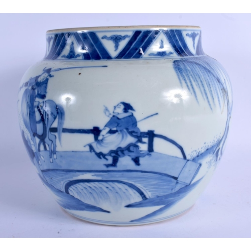 2044 - A CHINESE BLUE AND WHITE PORCELAIN JARDINIERE 20th Century, Kangxi style, painted with warriors with... 