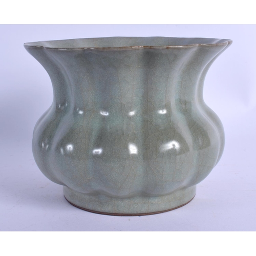 2045 - A CHINESE QING DYNASTY RU WARE RIBBED CENSER Sung style, of plain form with moulded body. 10 cm x 13... 