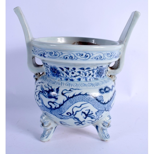 2046 - A CHINESE BLUE AND WHITE TWIN HANDLED PORCELAIN CENSER 20th Century, painted with dragons and foliag... 