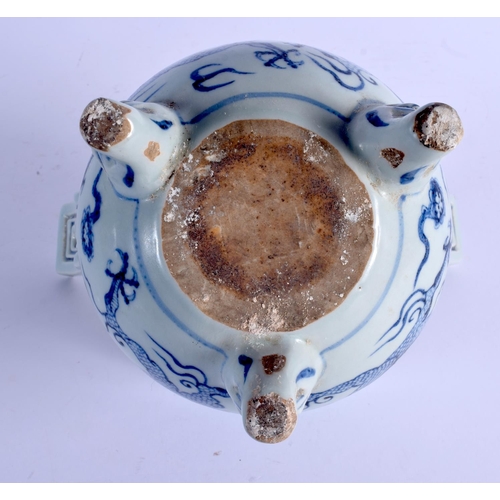 2046 - A CHINESE BLUE AND WHITE TWIN HANDLED PORCELAIN CENSER 20th Century, painted with dragons and foliag... 